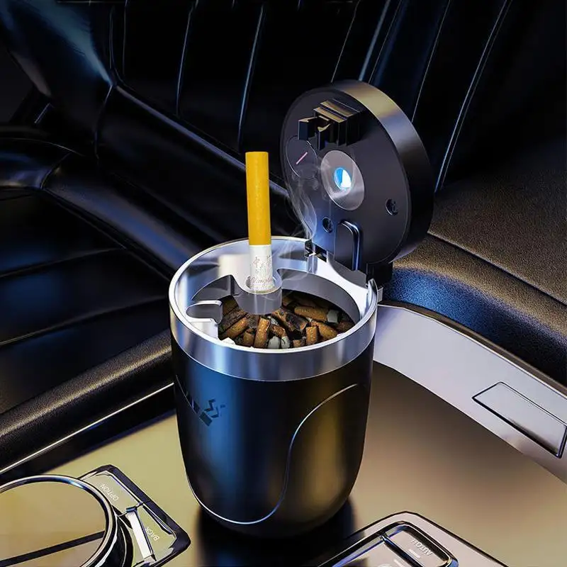 High Quality Factory Wholesale Car Interior LED Portable Ashtray Waterproof Stainless Steel with Lighter for Cigarettes