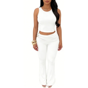 Women's Crop Top Pants <b>Set</b> Casual 2 Piece Solid Color Sleeveless V-neck Eco-Friendly Breathable Spandex/Polyester Sports Fashion - Product Image 2