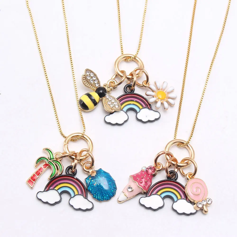 Mignon arc-en-ciel abeille fleur sucette pendentif boîte chaîne collier pour enfants filles