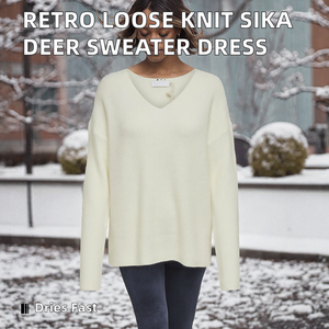 Robe pull col en V pour femme, nouvelle collection hiver, style décontracté populaire, ample, cache-cou, en maille texturée rétro, avec logo cerf Sika à l'avant - Product Image 2