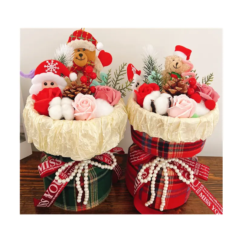 باقة عيد الميلاد الجديدة سانتا تيدي قزم لعب حيوانات محشوة منقوشة زهرة مطابقة مجموعة هدايا عيد الميلاد للأطفال