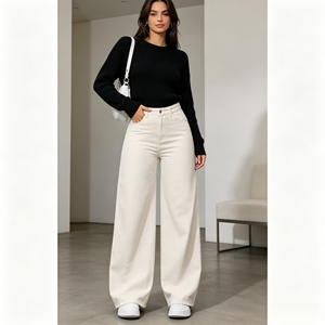 Jeans da Donna a Vita Alta e Gamba Larga, Elasticizzati, Color Crema <span class=keywords><strong>Ecru</strong></span>, Pantaloni in <span class=keywords><strong>Denim</strong></span> Baggy, Streetwear Minimalista, Vestibilità Comoda in Cotone - Product Image 1