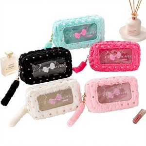 Custom <b>Plush</b> Makeup Bag with Clear PVC Window <b>Large</b> Capacity Cosmetic Pouch Pencil Case OEM ODM Factory Supplier - Product Image 1