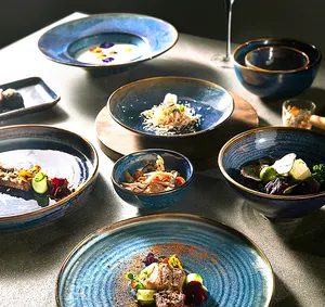 Toptan lüks restoranlar çömlek sofra seti seramik servis tabağı suşi tabağı mavi reaktif porselen yemek takımı