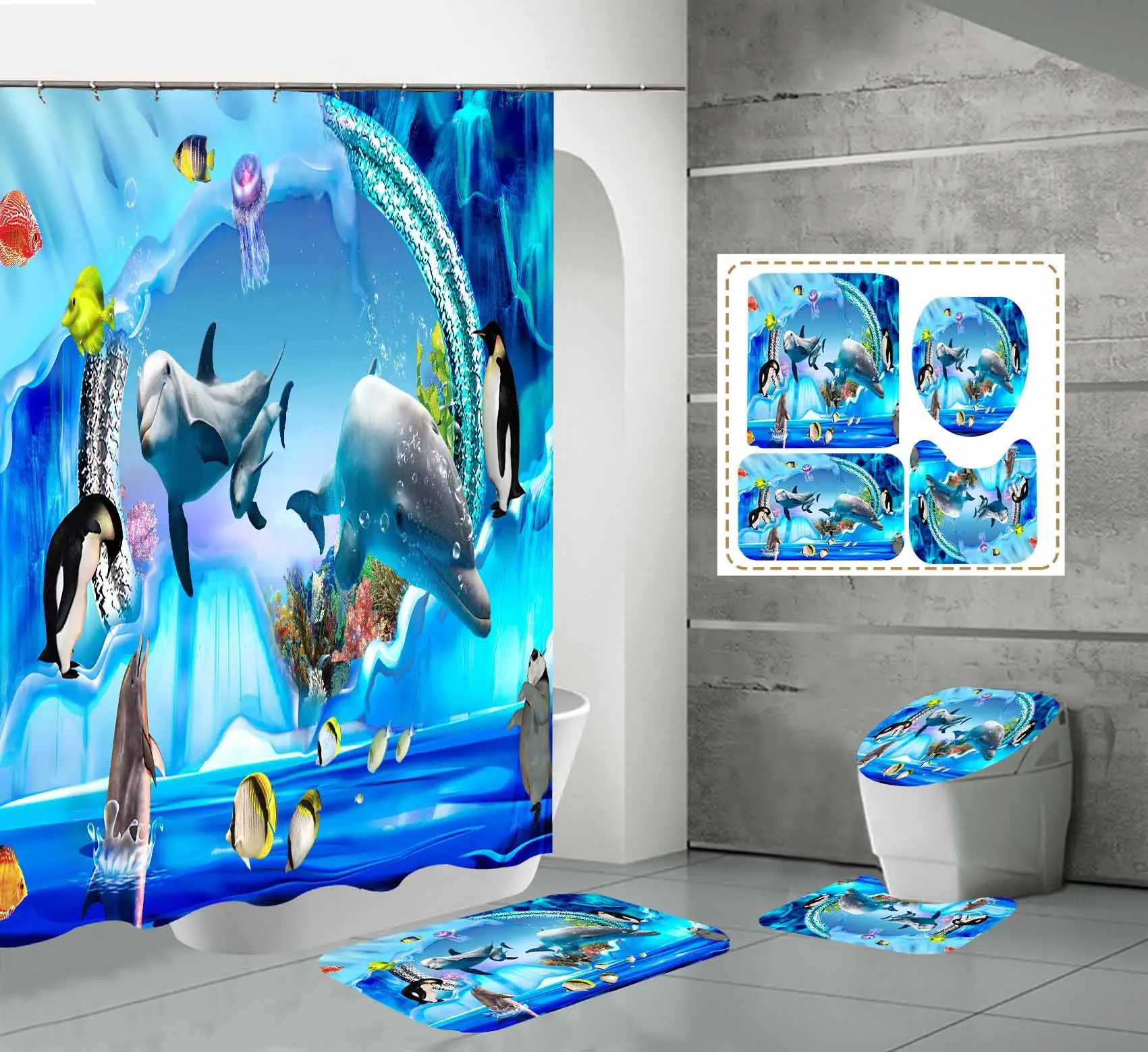 LEMON 4 buah tirai mandi partisi kamar mandi tahan air poliester cetak Digital HD lumba-lumba hidup laut