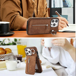 Funda de tarjeta con cremallera y cierre de anillo de dedo con sensación de piel inferior superior para <span class=keywords><strong>iPhone</strong></span> 11 <span class=keywords><strong>14</strong></span> 15 16 <span class=keywords><strong>Pro</strong></span> Max Wallet Fundas para teléfonos móviles con anillo - Product Image 3
