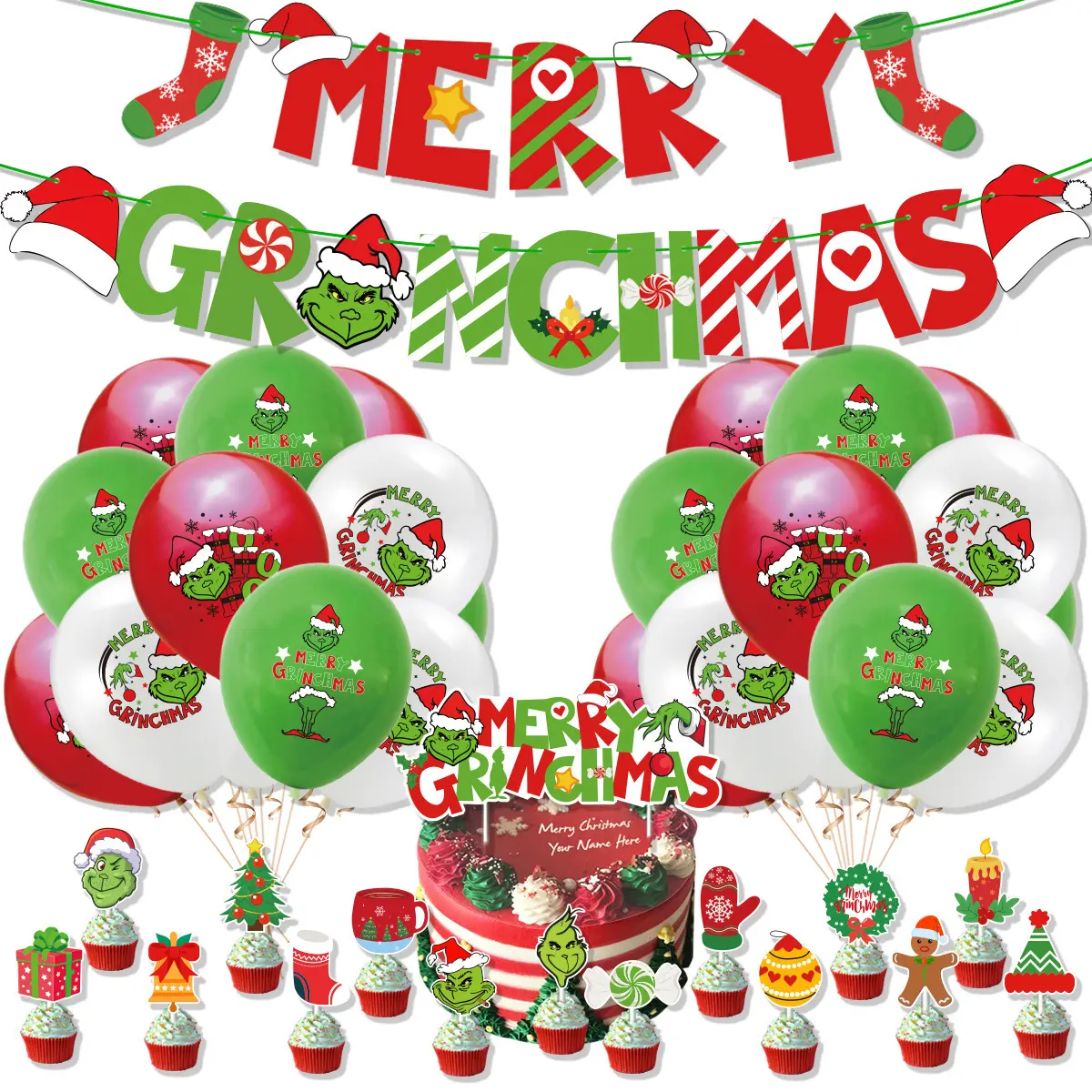 Grinchs Tema Látex Balão Feliz Natal Globos Banner Papel Topper Partido Decorações Suprimentos