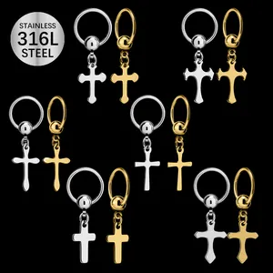 Fashion Stainless Steel Gothic Cross Dangle Hoop Earrings Punk 18k Gold Cross Huggie Hoop Earrings For Men Women