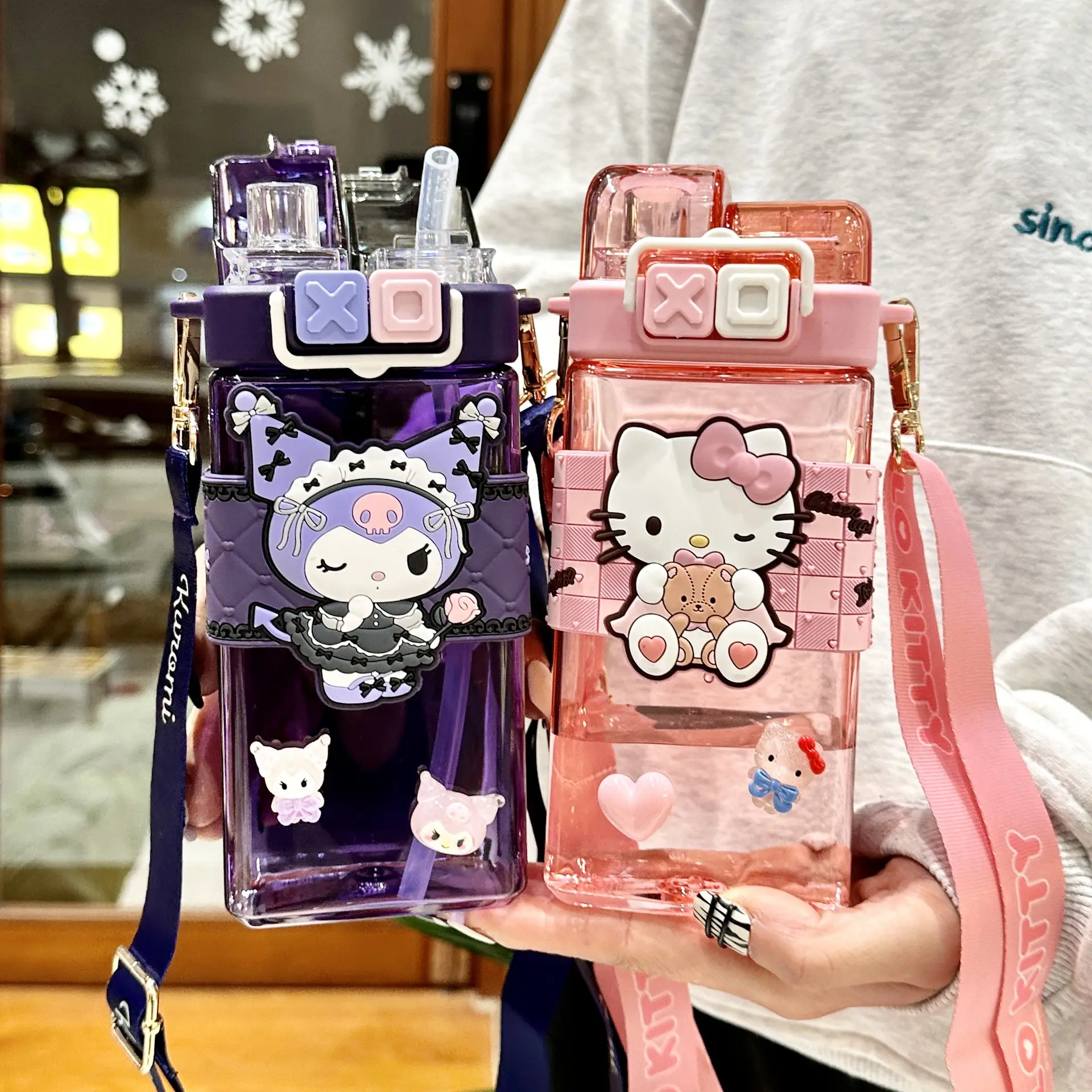 Maimai Sanrio kuromi Cinamon cốc nhựa cầm tay phim hoạt hình đôi uống rơm Cốc trẻ em uống ngoài trời Ấm đun nước