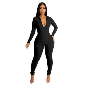 2022 Voorjaar Nieuwe Ontwerp Zip Rompertjes Sexy V-hals Met Lange Mouwen Jumpsuit Bodycon Lady Jumpsuit