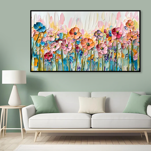 <span class=keywords><strong>Peinture</strong></span> à l'huile sur toile texturée 90x50cm, champ de <span class=keywords><strong>fleurs</strong></span> peint à la main au couteau à palette, cadre intérieur en bois, tailles personnalisées disponibles - Product Image 1