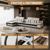 Canapé d'angle moderne en cuir véritable beige, trois places, avec appuie-tête réglable, console de rangement et éponge écologique