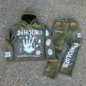 ชุดเซ็ตแทรคสูทผู้ชายไซส์ใหญ่ 2 ชิ้น เสื้อฮู้ดซิปพิมพ์ลายสไตล์วินเทจ พร้อมกางเกงขายาวผ้ายืดแบบย้อมสีเอซิด - Product Image 3