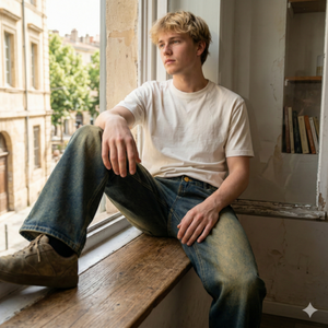 กางเกงยีนส์เดนิมทรงตรงหลวมสไตล์ฮิปสเตอร์สำหรับผู้ชาย ผ้าฝ้ายแท้ 100% แบบคลาสสิกสั่งทำพิเศษจากโรงงาน (OEM) สีซีดแบบวินเทจ ไซส์กลาง - Product Image 1