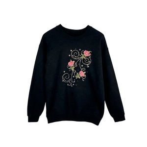 เสื้อสเวตเชิ้ตคอกลมสีดำสำหรับผู้หญิง ปักลายดอกไม้ กุหลาบสีชมพู ประดับด้วยคริสตัล ทรงปกติ ใส่ได้ในฤดูใบไม้ร่วง - Product Image 1