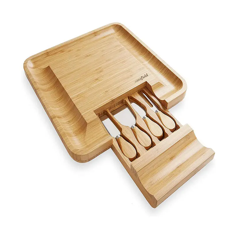 Set papan bambu laci tersembunyi tunggal untuk kerupuk anggur papan keju bambu kustom dengan laci geser