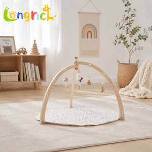 Ginnastica in legno per neonati con tappetino gioco e giocattoli pendenti per 0-12 mesi, colore naturale, forme geometriche educative - Product Image 3