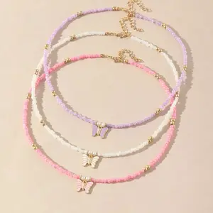 Free Samples Women Elegant Beaded Butterfly Charm Necklace Pink Purple Beads Cute Butterfly Necklace For Girls