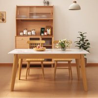Table à manger nordique en bois massif avec plateau en pierre frittée, structure en bois d'hévéa, table de cuisine rectangulaire pour la maison et l'appartement