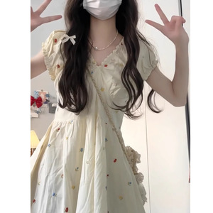 French Retro Puff Sleeve V-Neck Floral <b>Dress</b> <b>Elastic</b> Waist Breathable Daily Casual Maxi <b>Dress</b> For Women - Product Image 3