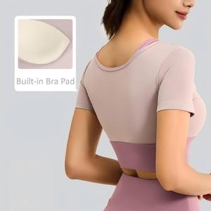 Wholesale Women's <b>Built</b>-<b>in</b> <b>Bra</b> Pad Yoga <b>Top</b> 2 <b>in</b> 1 Layered Short Sleeve Workout Shirt Slim Fit Breathable Athletic Wear OEM ODM - Product Image 2