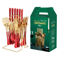 Ensemble de couverts en acier inoxydable de 24 pièces, poignée rouge brillante et polie de qualité supérieure, service de table de Restaurant en or