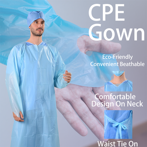 노란색 파란색 흰색 플라스틱 CPE 가운-파란색 방수 플라스틱 일회용 가운 일회용 CPE 앞치마 가운 엄지 고리 포함 - Product Image 2