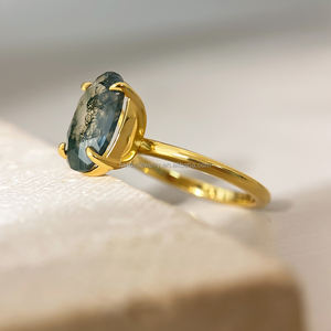 Anillo de Ágata Musgosa de Corte Ovalado Clásico, Chapado en Oro de 18k y Rodio, con Engaste de Garras, para Compromiso, Boda y Aniversario - Product Image 3