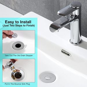 Bouchon de lavabo universel en acier inoxydable à poussoir, filtre anti-colmatage à noyau en forme de balle, finition chromée pour lavabo - Product Image 4