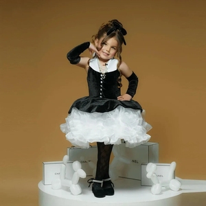 Abiti da Damigella Personalizzati <span class=keywords><strong>Bianco</strong></span> e Nero per Matrimonio, Scollo a V, Vaporosi, Lunghezza al Ginocchio, Eleganti Vestiti per Prima Comunione e Cerimonie - Product Image 1