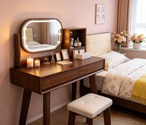 Premium Walnut Dressing <b>Table</b> Set Adjustable Oval LED <b>Mirror</b> Side Open Storage Cabinet Makeup <b>Vanity</b> With Stool - Product Image 3