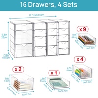 Boîte de rangement empilable de taille moyenne en PET transparent JX avec compartiments pour papeterie de bureau et organisateur de cosmétiques