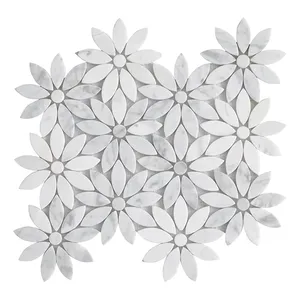 Ventes Flash : Mosaïque Murale <span class=keywords><strong>en</strong></span> Marbre Blanc avec Incrustations <span class=keywords><strong>en</strong></span> Laiton pour Salle de Bain, Motif Floral Jet d'Eau - Product Image 1