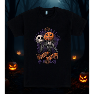 T-shirt con stampa di zucca di Halloween, nera, girocollo, per uomo e donna, design sinistro - Product Image 3