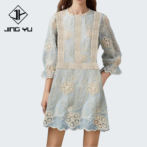 Wholesale new retro lace round neck short sleeve lace casual dress custom cotton embroidered mini dress - Product Image 1