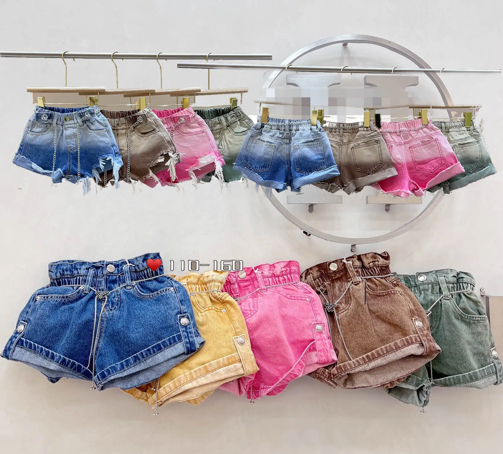 Q30218 SZ1101-SZ160 Musim Semi Musim Panas Anak-anak Gadis Solid Jean Celana Pendek Remaja Permen Tertekan Robek Rumbai Dicuci Celana Pendek Denim