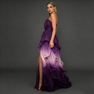 Robes de soirée élégantes pour femmes, style ombre, sans bretelles, col cœur, <span class=keywords><strong>d</strong></span>étail à volants superposés, fente haute, en mousseline légère et fluide - Product Image 2