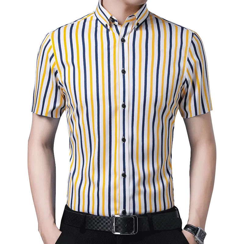 Factory directly supply fashion striped pattern stretchy polyester spandex black blue anti-wrinkle breathable men formal shirts