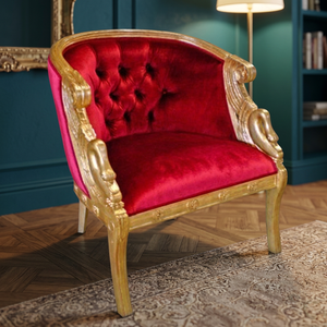 Sillones de terciopelo rojo estilo Luis XV con capitoné y estructura de madera para sala de estar - Product Image 2