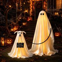 Ensemble de statues de chiens fantômes lumineux pour Halloween, figurine de chiot fantôme marchant avec des lumières à piles, décoration de pelouse, de porche ou de jardin