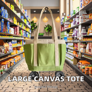 Sac fourre-tout en toile surdimensionné personnalisé Parvaaz Factory avec fermeture éclair, poignées en toile et patchwork vert au bas, à porter à l'épaule - Product Image 2
