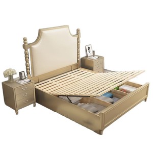 French Style Upholstered <b>Bed</b> 1.8m <b>Double</b> Size Storage <b>Bed</b> Master Bedroom Furniture Rubber Wood Markor Gold Silver Color - Product Image 4