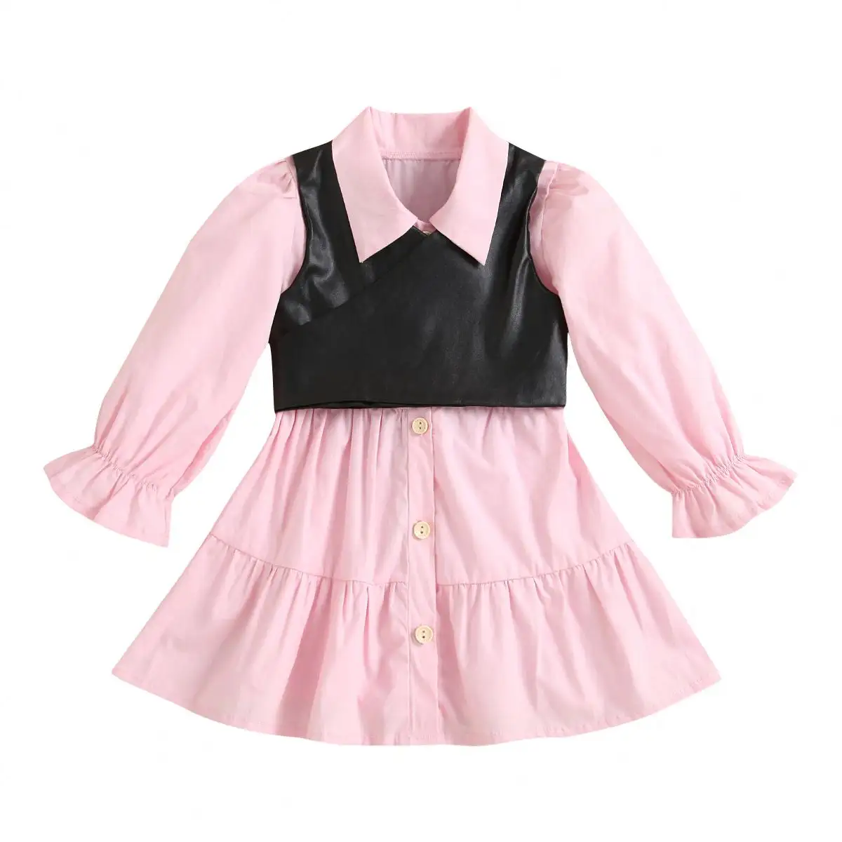 Großhandel Baby-Kindersommerkleidung 1-6 Jahre Mädchenkleider rosa Baby-Baumwollkleid mit langen Ärmeln + Kunstlederweste Babykleider