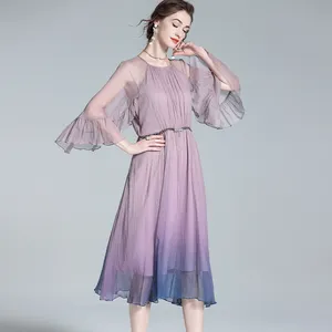 High Quality smooth crepe purple dress Grade 6A 100% mulberry silk dress flare sleeve elegant silk dress