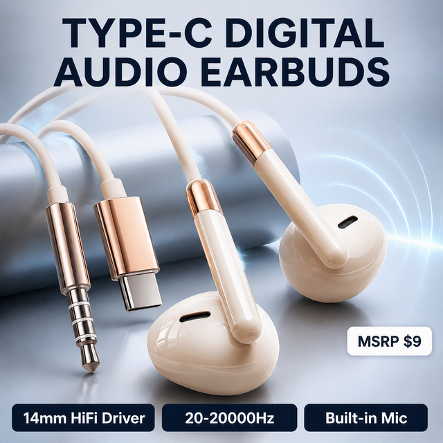 New Private-mold Wired In-ear Type-C/3.5mm Digital Audio Headphones with 1.2m Cord and ENC Compatible OPPO vivo Smartphones