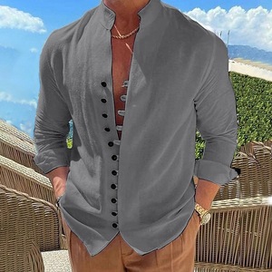 Chemise décontractée à manches longues pour homme, col mandarin gris, couleur unie, tissu popeline, manches longues, style été - Product Image 1