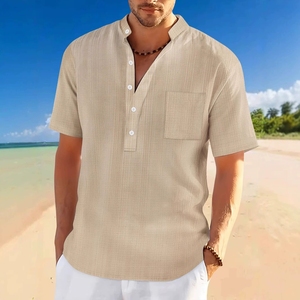 <span class=keywords><strong>Camicia</strong></span> Henley da <span class=keywords><strong>uomo</strong></span> estiva 2026 a maniche corte con colletto alla coreana in tessuto di <span class=keywords><strong>lino</strong></span> effetto bambù, vestibilità ampia e casual - Product Image 5