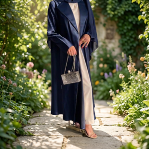 Élégante Abaya en Soie Bleu Marine à Col Châle, Manches Longues, Longueur Ras du Sol, Robe Modeste Infroissable pour Femme, Usage Quotidien Toutes Saisons - Product Image 1