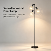 Lampe sur pied industrielle à 3 têtes avec ampoules apparentes, en métal noir, douille E27, style vintage Edison, pour salon