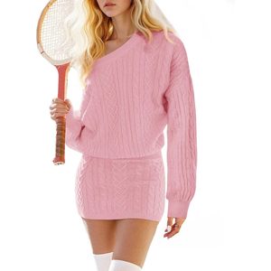 Robe pull pour femme, col rond, tricot torsadé, coupe ample, mini-robe asymétrique, taille élastique, respirante, pour l'automne - Product Image 1